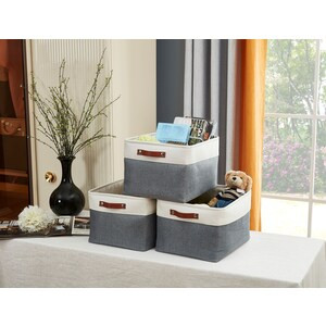 DECOMOMO Large 4-Pack Foldable Storage Bin with Handles - Slate Grey and White (Set of 4) - 12"x16"x4"-A2ZHOME