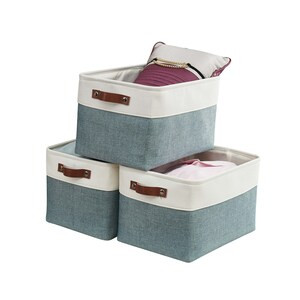 DECOMOMO Extra Large Foldable Fabric Storage Bin with Handles - Green and White (Set of 3) - 14"x16"x4"-A2ZHOME