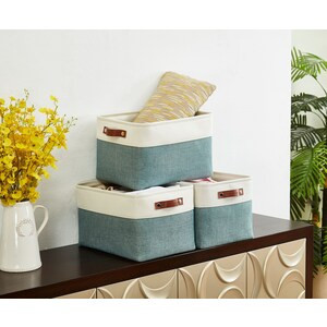 DECOMOMO Extra Large Foldable Fabric Storage Bin with Handles - Green and White (Set of 3) - 14"x16"x4"-A2ZHOME