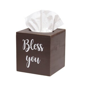 Elegant Designs Brown Wooden Tissue Box with "Bless You" Script in White for Vanity, Bathroom, Bedroom (Case of 6) - 7"x7"x7"-A2ZHOME
