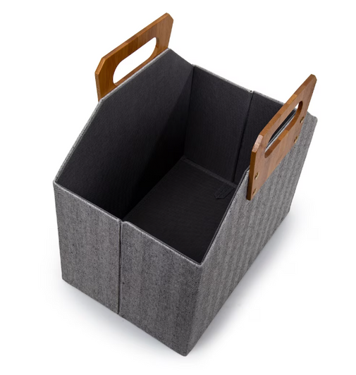 Truu Design Woven Paper Storage Basket with Bamboo Handle - Grey (Case of 6) - 13.8"x13.4"-A2ZHOME