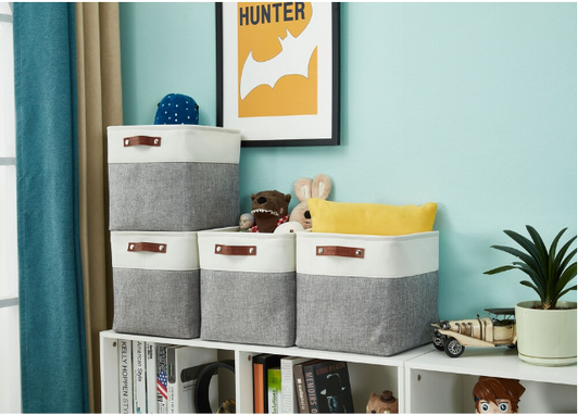 DECOMOMO Cube 11" Foldable Storage Bins with Handles - Grey and White (Set of 4) - 11"x13"x6"-A2ZHOME