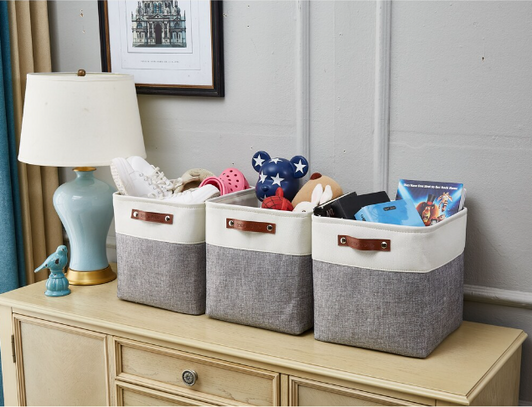 DECOMOMO Cube 11" Foldable Storage Bins with Handles - Grey and White (Set of 4) - 11"x13"x6"-A2ZHOME