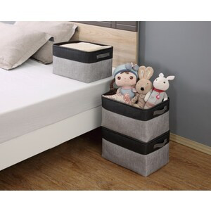 DECOMOMO Extra Large Foldable Fabric Storage Bin with Handles - Grey and Black (Set of 3) - 14"x16"x4"-A2ZHOME