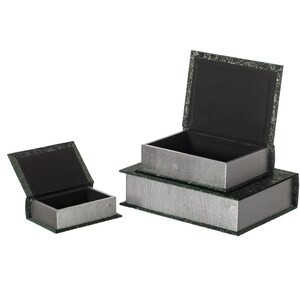 Vintiquewise Green Set of 3 Velvet Vintage Storage Wooden Antique Classic Decorative Book Box Holders - 15"x11"x9"-A2ZHOME