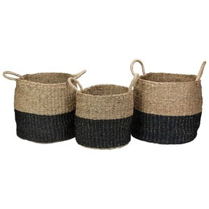 Northlight Set of 3 Beige and Black Round Wicker Table and Floor Baskets - 15"x15"x15"-A2ZHOME