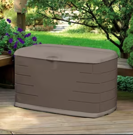 Rubbermaid 10 cu. ft. Medium Weather Resistant Resin Outdoor Storage Patio Deck Box/Bench with Seat-A2ZHOME