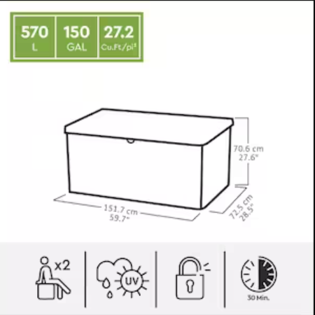 Keter Denali 27.2 cu.ft. 150 Gal Weather Resistant Resin Patio/Outdoor Storage Lockable Garden Deck Box/Bench-A2ZHOME