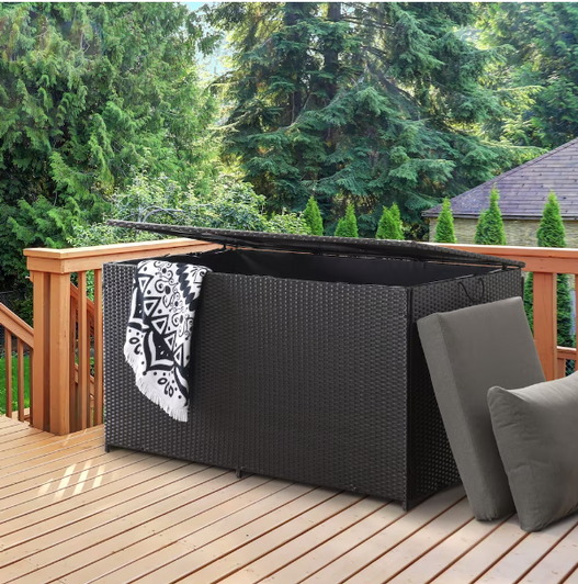 Corliving Parksville Black 224 Gal. Rust Proof Resin Wicker Deck Box-A2ZHOME