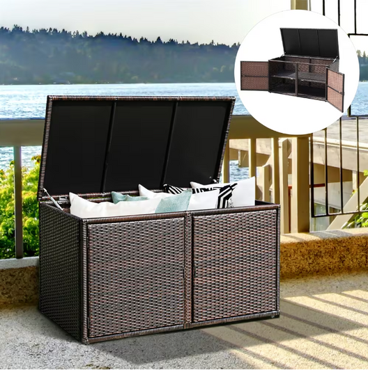 Costway 88 Gallon Garden Patio Rattan Storage Container Box in Brown - Stylish Outdoor Storage Solution-A2ZHOME
