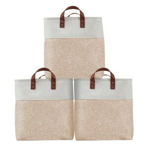 DECOMOMO 42L Foldable Storage Bin with Handles - Beige and White - Set of 3, 12" x 18" x 3"-A2ZHOME