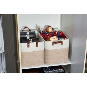DECOMOMO 42L Foldable Storage Bin with Handles - Beige and White - Set of 3, 12" x 18" x 3"-A2ZHOME