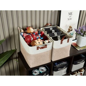 DECOMOMO 42L Foldable Storage Bin with Handles - Beige and White - Set of 3, 12" x 18" x 3"-A2ZHOME