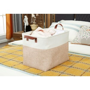 DECOMOMO 42L Foldable Storage Bin with Handles - Beige and White - Set of 3, 12" x 18" x 3"-A2ZHOME