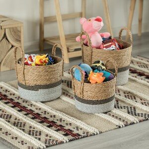 Vintiquewise Straw Decorative Round Storage Basket Set of 3 with Woven Handles - 19" x 13" x 13"-A2ZHOME