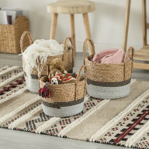 Vintiquewise Straw Decorative Round Storage Basket Set of 3 with Woven Handles - 19" x 13" x 13"-A2ZHOME