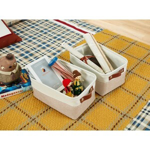 DECOMOMO Small 6 Packs Foldable Storage Bin with Handles - Beige and White - Set of 6, 11" x 16" x 6"-A2ZHOME