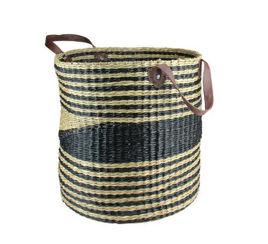 Northlight 15.5" Beige and Black Woven Seagrass Basket with Brown Handles - 15" x 15" x 20" (6/CASE)-A2ZHOME