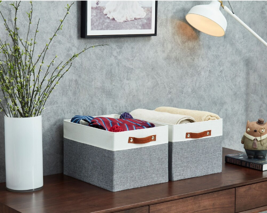 DECOMOMO Collapsible Sturdy Storage Bin - Grey and White - 12" x 16" x 4" - Set of 3-A2ZHOME