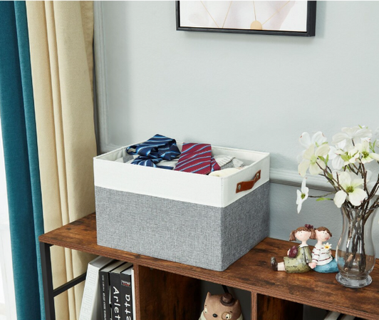 DECOMOMO Collapsible Sturdy Storage Bin - Grey and White - 12" x 16" x 4" - Set of 3-A2ZHOME
