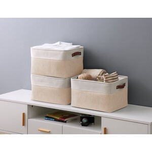 DECOMOMO Large Foldable Storage Bin with Handles - Beige and White - 12" x 16" x 4" - Set of 3-A2ZHOME