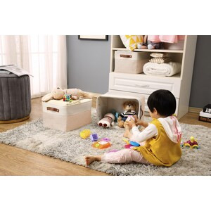 DECOMOMO Large Foldable Storage Bin with Handles - Beige and White - 12" x 16" x 4" - Set of 3-A2ZHOME
