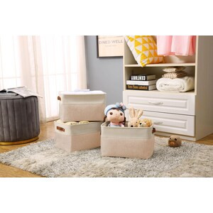 DECOMOMO Large Foldable Storage Bin with Handles - Beige and White - 12" x 16" x 4" - Set of 3-A2ZHOME