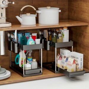 DECOMOMO 2-Tier Sliding Under Sink - Black - Set of 2, 10" x 16" x 7" (6/CASE)-A2ZHOME