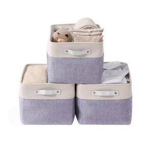 DECOMOMO Large Foldable Fabric Storage Bin with Handles - Purple and White - 12" x 16" x 4" - Set of 3-A2ZHOME
