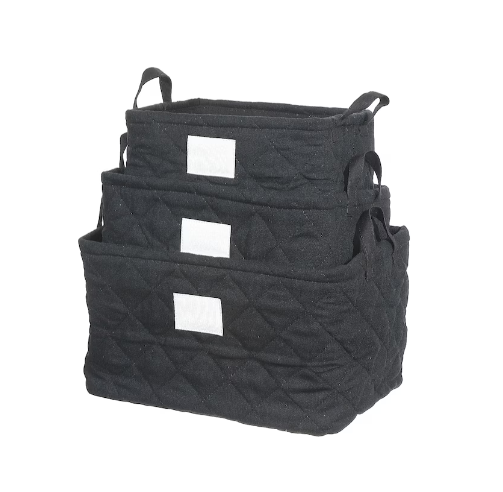IH Casa Decor 3Pc Nesting Quilted Storage Basket with Handles (Black) - 11" x 15" x 9" - (6/CASE)-A2ZHOME