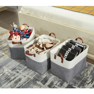 DECOMOMO 42L Foldable Storage Bin with Handles - Slate Grey and White - 14" x 18" x 4" - Set of 3-A2ZHOME
