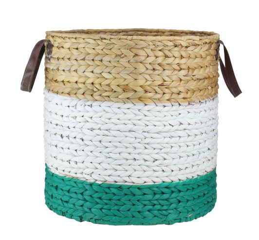 Northlight 21" Beige, White, and Teal Braided Wicker Basket with Handles - 16" x 16" x 21" - (6/CASE)-A2ZHOME