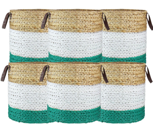 Northlight 21" Beige, White, and Teal Braided Wicker Basket with Handles - 16" x 16" x 21" - (6/CASE)-A2ZHOME