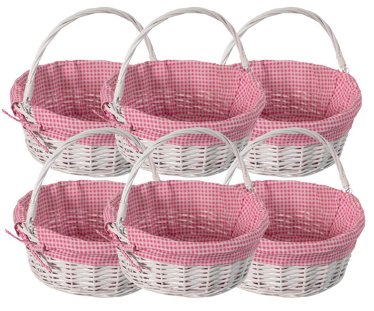 Wickerwise White Round Willow Gift Basket with Pink and White Gingham Liner - Medium - 13" x 9" x 13" - (6/CASE)-A2ZHOME