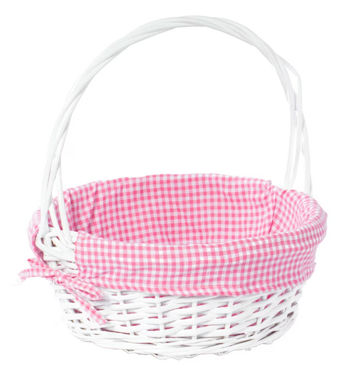 Vintiquewise White Round Willow Gift Basket with Pink and White Gingham Liner and Handles - Medium 13" x 20" x 14" - (6/CASE)-A2ZHOME