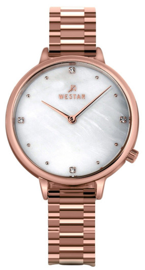Westar Zing Crystal Accents Rose Gold Tone Stainless Steel White Mother Of Pearl Dial Quartz 00135ppn611 Women's Watch