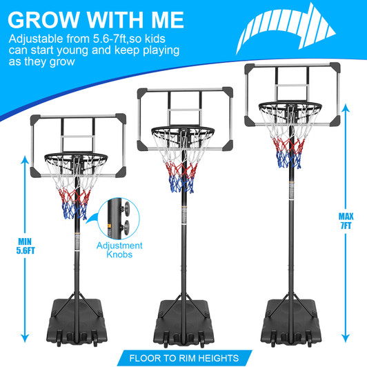 Portable Basketball Goal System with Stable Base and Wheels, use for Indoor Outdoor teenagers youth height adjustable 5.6 to 7ft Basketball Hoop 28" Backboard