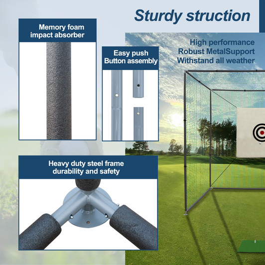 Golf Practice Net Cage w/ Metal Frame Hitting Net Kit Indoor Outdoor 10X10X10FT 