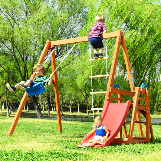 A2ZHOME Wooden Swing Set with Slide, Outdoor Playset Backyard Activity Playground Climb Swing Outdoor Play Structure for Toddlers, Ready to Assemble