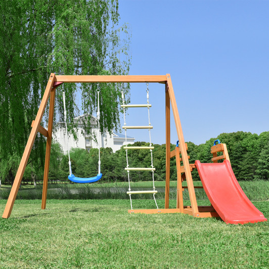 A2ZHOME Wooden Swing Set with Slide, Outdoor Playset Backyard Activity Playground Climb Swing Outdoor Play Structure for Toddlers, Ready to Assemble