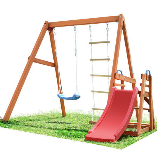 A2ZHOME Wooden Swing Set with Slide, Outdoor Playset Backyard Activity Playground Climb Swing Outdoor Play Structure for Toddlers, Ready to Assemble