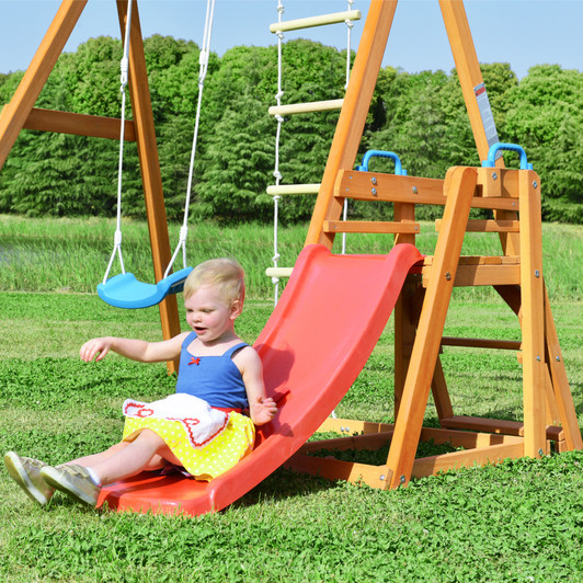 A2ZHOME Wooden Swing Set with Slide, Outdoor Playset Backyard Activity Playground Climb Swing Outdoor Play Structure for Toddlers, Ready to Assemble