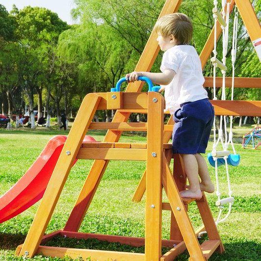 A2ZHOME Wooden Swing Set with Slide, Outdoor Playset Backyard Activity Playground Climb Swing Outdoor Play Structure for Toddlers, Ready to Assemble