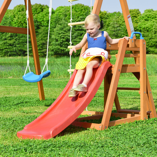 A2ZHOME Wooden Swing Set with Slide, Outdoor Playset Backyard Activity Playground Climb Swing Outdoor Play Structure for Toddlers, Ready to Assemble