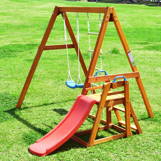 A2ZHOME Wooden Swing Set with Slide, Outdoor Playset Backyard Activity Playground Climb Swing Outdoor Play Structure for Toddlers, Ready to Assemble