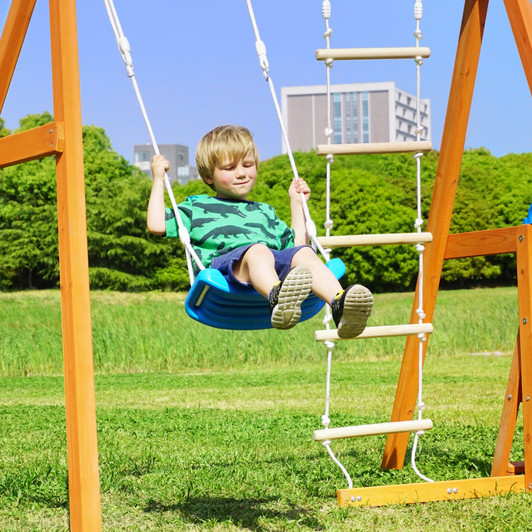 A2ZHOME Wooden Swing Set with Slide, Outdoor Playset Backyard Activity Playground Climb Swing Outdoor Play Structure for Toddlers, Ready to Assemble