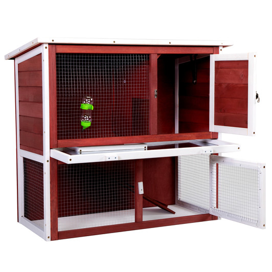 A2ZHOME Wooden Rabbit Hutch with Pull Out Tray, Weatherproof 2-Tier Bunny Run Cage, Outdoor Animal Enclosure for Multiple Pets