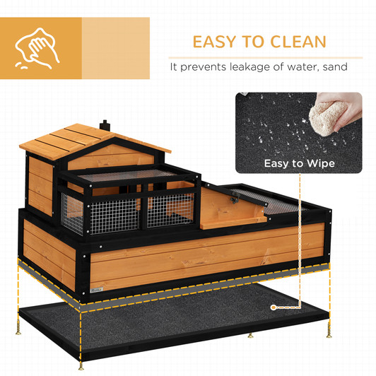A2ZHOME PawHut 3-Room Tortoise House Habitat with Balcony & 2 Stories, Indoor/Outdoor Wooden Tortoise Enclosure with Ladder, Tray, Openable Roof, Large Reptile Cage, 44" x 25.5" x 23", Yellow