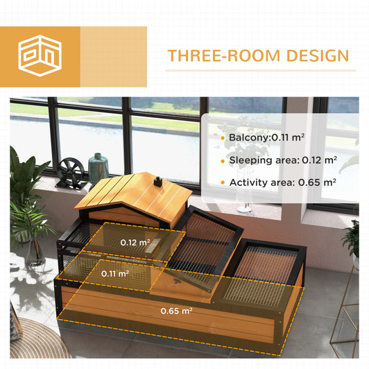 A2ZHOME PawHut 3-Room Tortoise House Habitat with Balcony & 2 Stories, Indoor/Outdoor Wooden Tortoise Enclosure with Ladder, Tray, Openable Roof, Large Reptile Cage, 44" x 25.5" x 23", Yellow