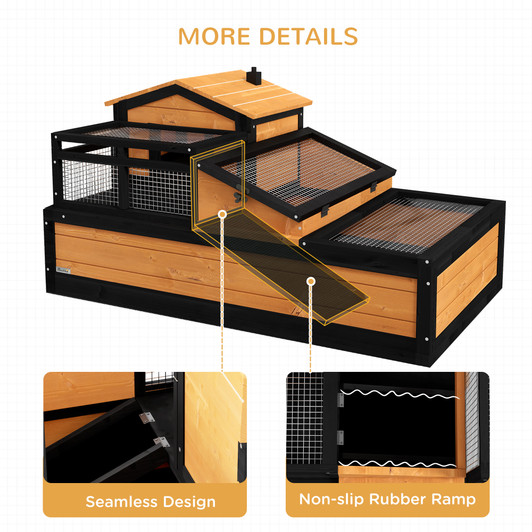 A2ZHOME PawHut 3-Room Tortoise House Habitat with Balcony & 2 Stories, Indoor/Outdoor Wooden Tortoise Enclosure with Ladder, Tray, Openable Roof, Large Reptile Cage, 44" x 25.5" x 23", Yellow